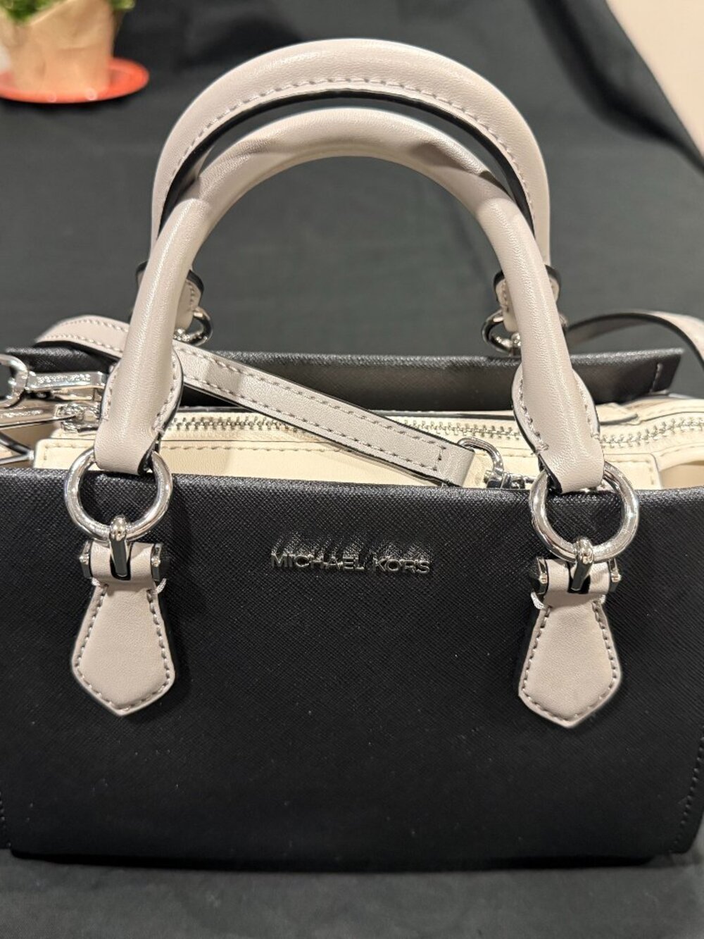 Michael Kors Small Saffiano Satchel Crossbody Bag Black White Silver Hardware